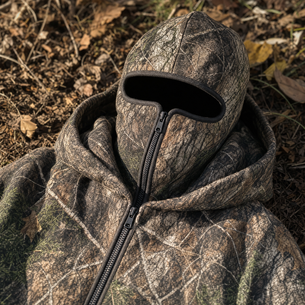 Stealth Camo Hunting Jacket with Full-Face Hood