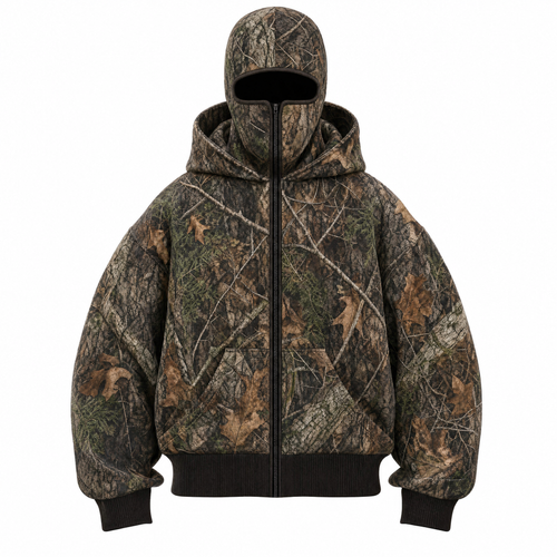 Stealth Camo Hunting Jacket with Full-Face Hood